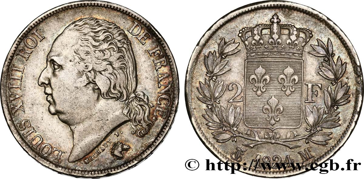 2 francs Louis XVIII 1824 Toulouse F.257/59 MBC40 
