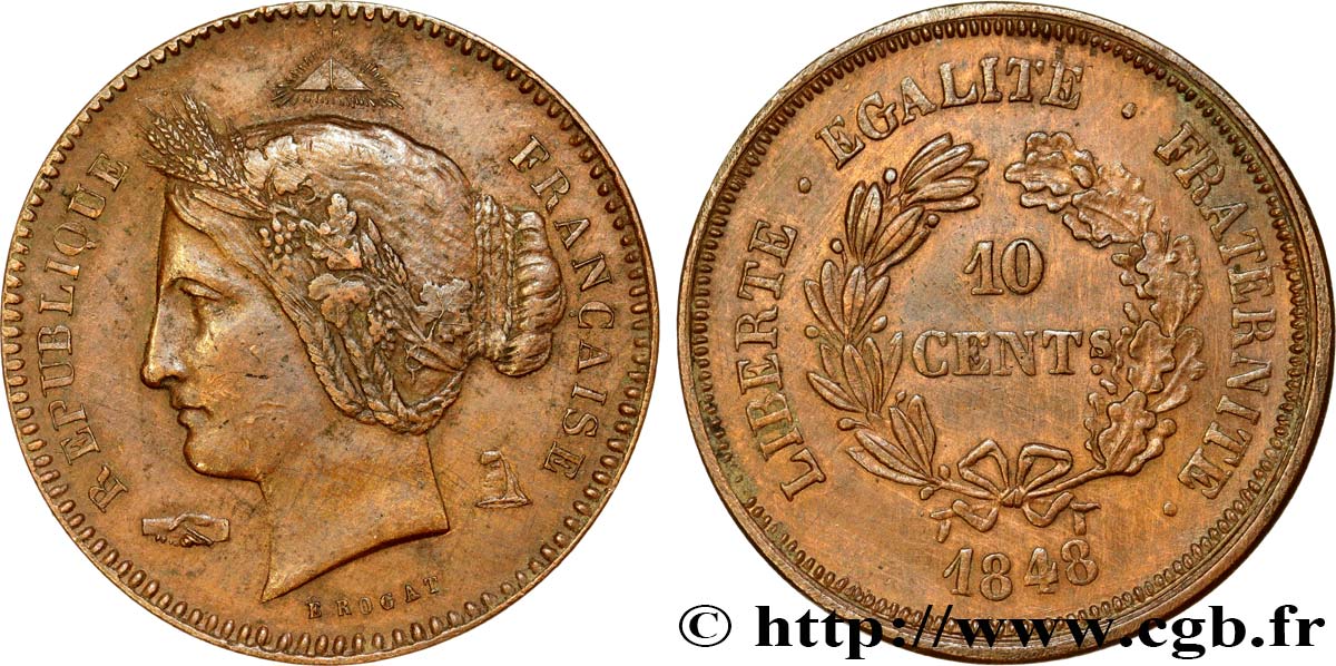 Concours de 10 centimes, essai en cuivre par Rogat, premier concours, deuxième revers 1848 Paris VG.3152  TTB45 