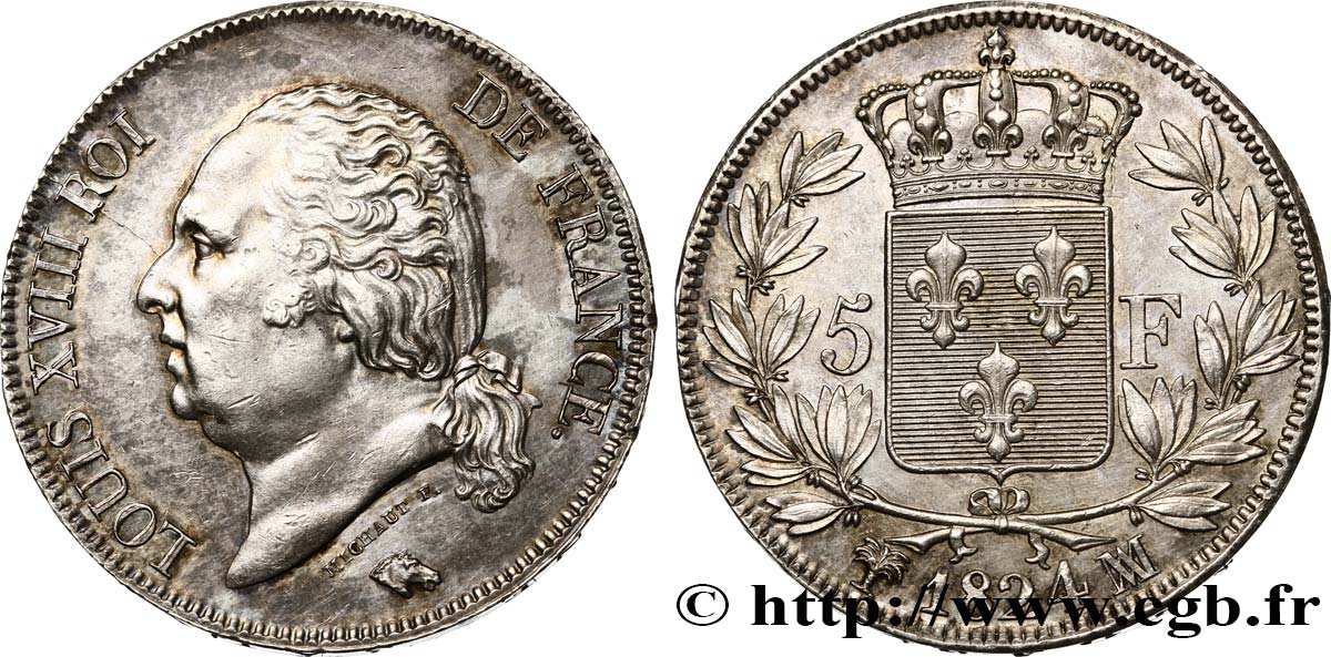 5 francs Louis XVIII, tête nue 1824 Marseille F.309/96 SPL61 