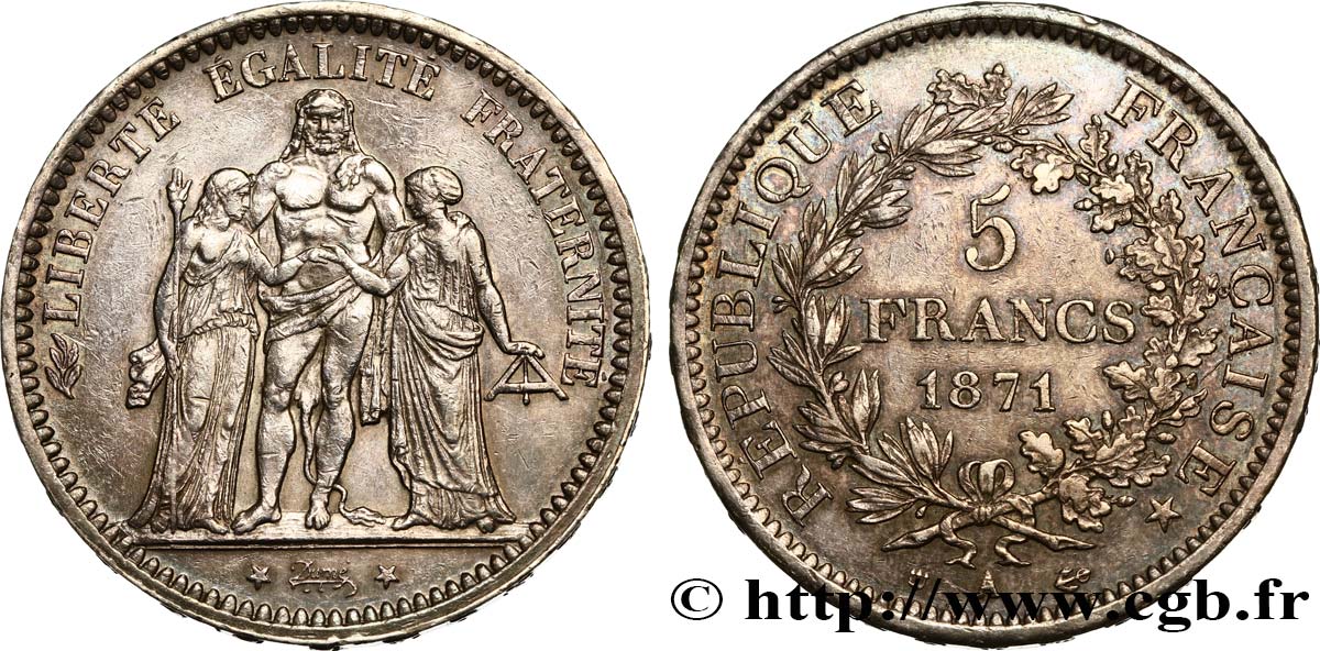 5 francs Hercule, dite “Camélinat” 1871 Paris F.334/3 XF48 
