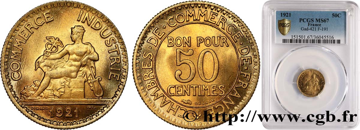 50 centimes Chambres de Commerce 1921 Paris F.191/3 ST67 PCGS