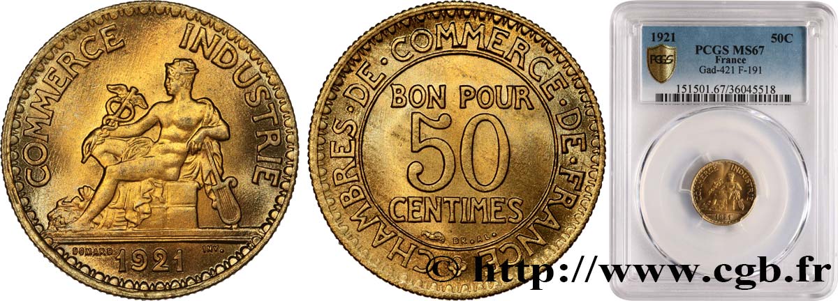 50 centimes Chambres de Commerce 1921 Paris F.191/3 FDC67 PCGS