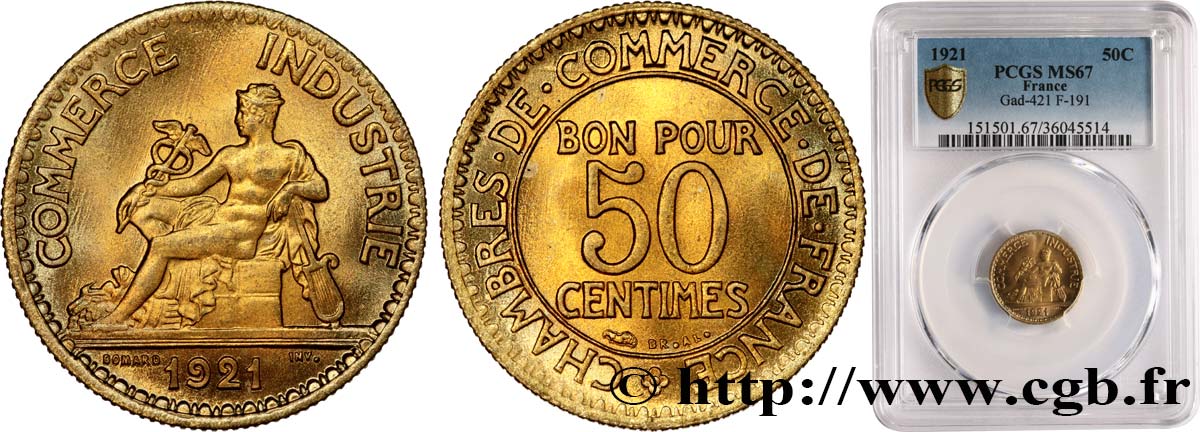 50 centimes Chambres de Commerce 1921 Paris F.191/3 FDC67 PCGS