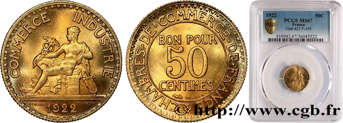 50 centimes Chambres de Commerce 1922 Paris F.191/4 FDC67 PCGS