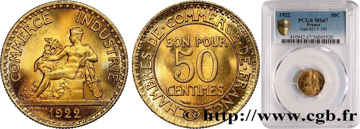 50 centimes Chambres de Commerce 1922 Paris F.191/4 MS67 PCGS