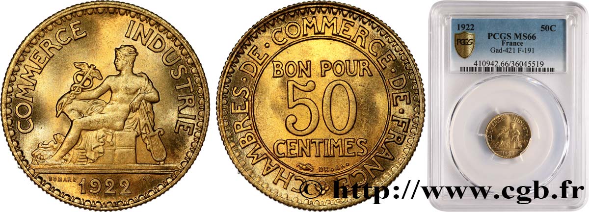 50 centimes Chambres de Commerce 1922 Paris F.191/4 MS66 PCGS