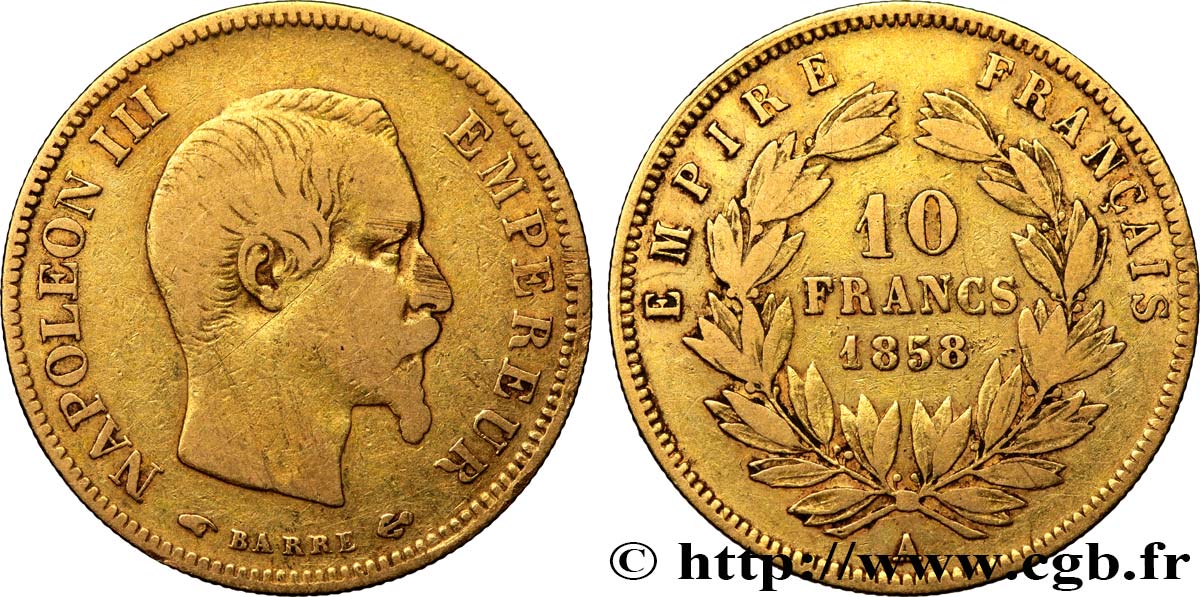 10 francs or Napoléon III, tête nue 1858 Paris F.506/5 S 