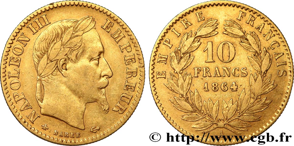 10 francs or Napoléon III, tête laurée, type définitif à grand 10 1864 Paris F.507A/6 VF35 