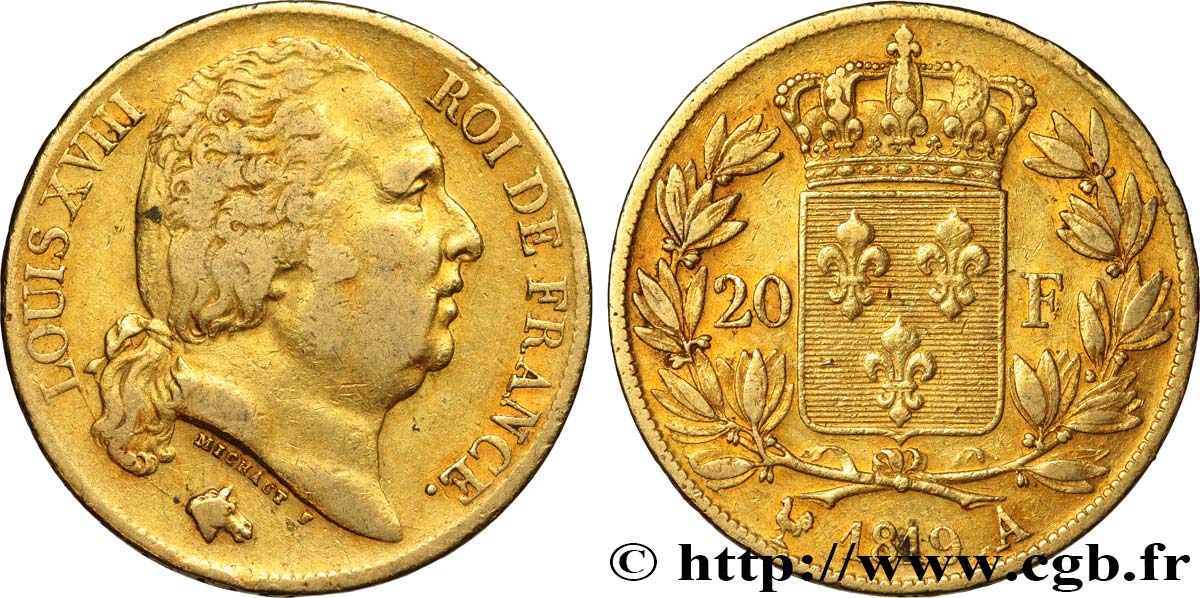 20 francs or Louis XVIII, tête nue 1819 Paris F.519/15 MB38 