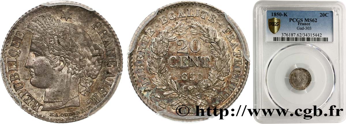 20 centimes Cérès, IIe République 1850 Bordeaux F.146/6 SPL62 PCGS