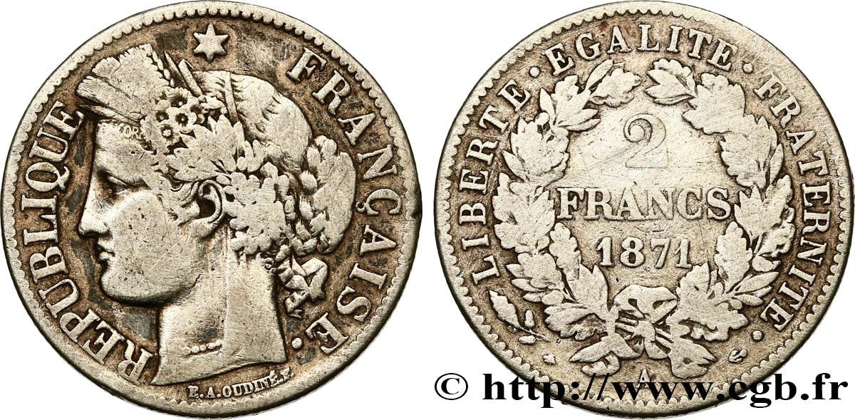 2 francs Cérès, avec légende 1871 Paris F.265/4 VF 