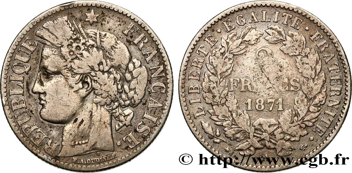 2 francs Cérès, avec légende 1871 Paris F.265/5 VF20 