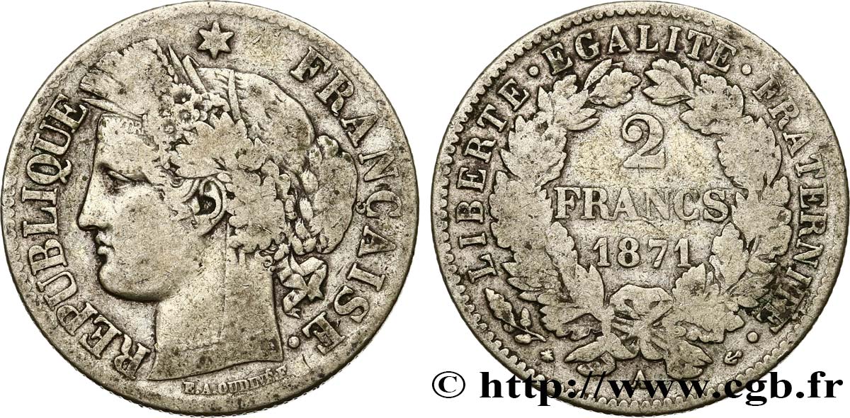 2 francs Cérès, avec légende 1871 Paris F.265/5 BC20 