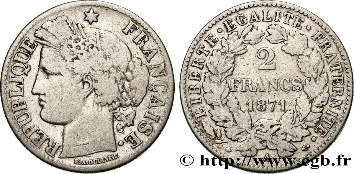 2 francs Cérès, avec légende 1871 Paris F.265/5 B 