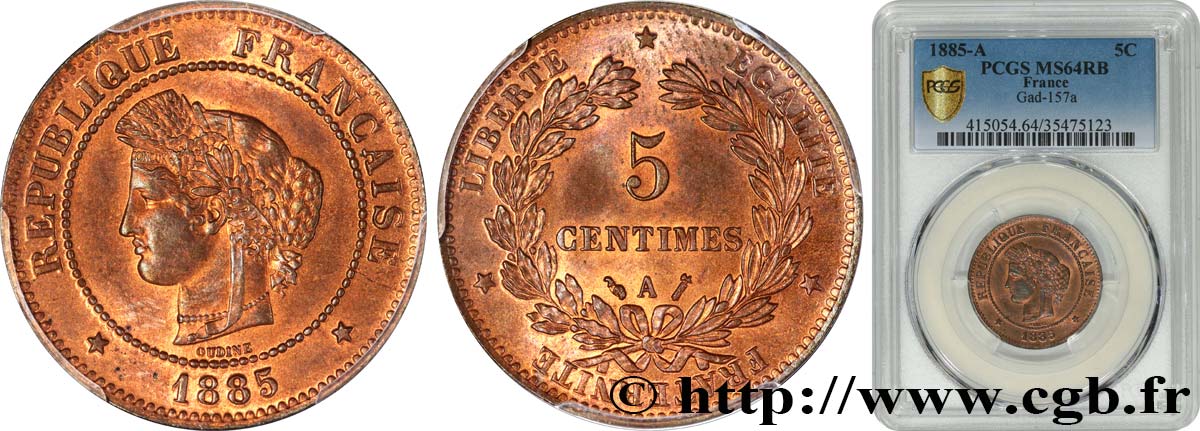 5 centimes Cérès 1885 Paris F.118/27 SC64 PCGS