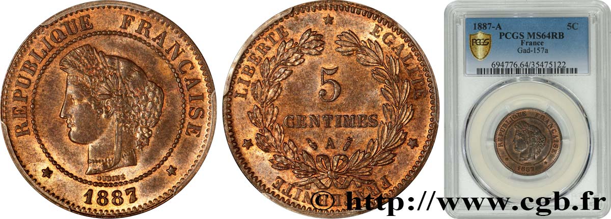 5 centimes Cérès 1887 Paris F.118/29 SC64 PCGS
