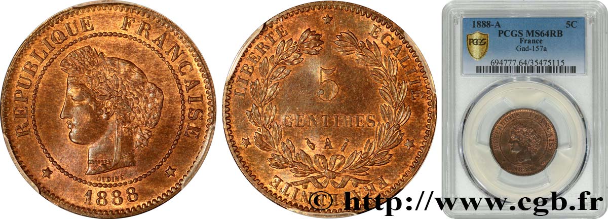 5 centimes Cérès 1888 Paris F.118/30 MS64 PCGS