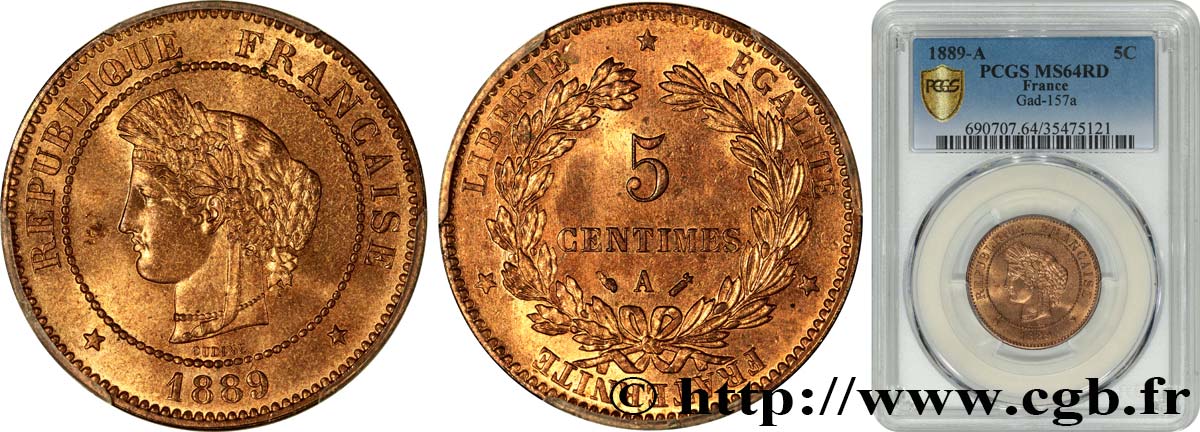5 centimes Cérès 1889 Paris F.118/31 SPL64 PCGS
