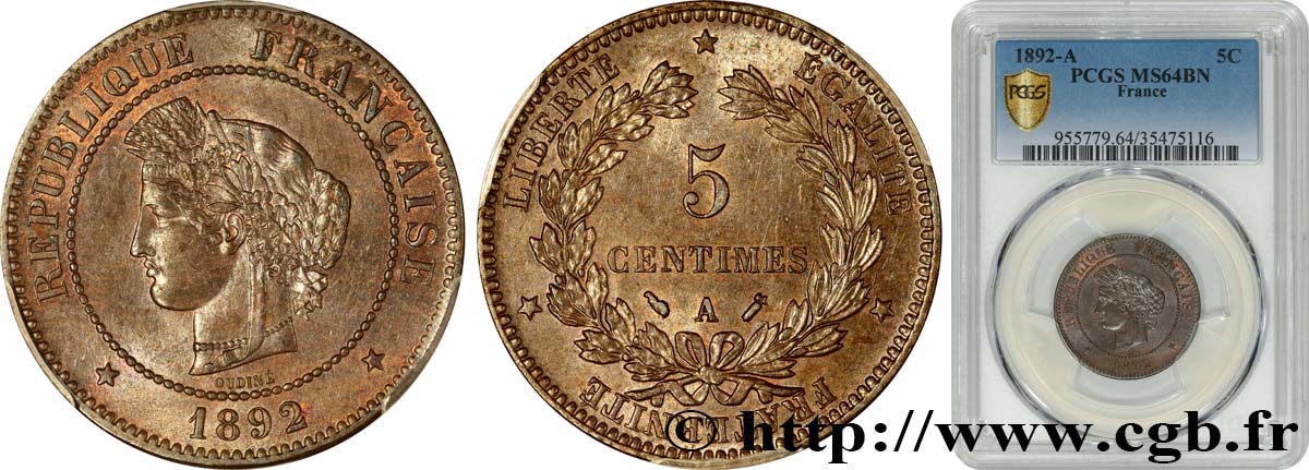 5 centimes Cérès 1892 Paris F.118/34 SC64 PCGS