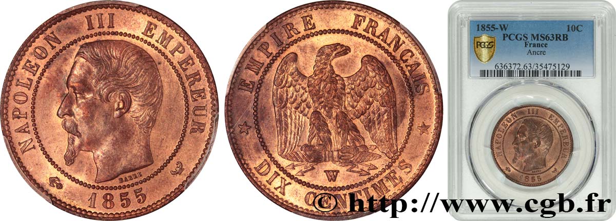 Dix centimes Napoléon III, tête nue 1855 Lille F.133/33 fST63 PCGS