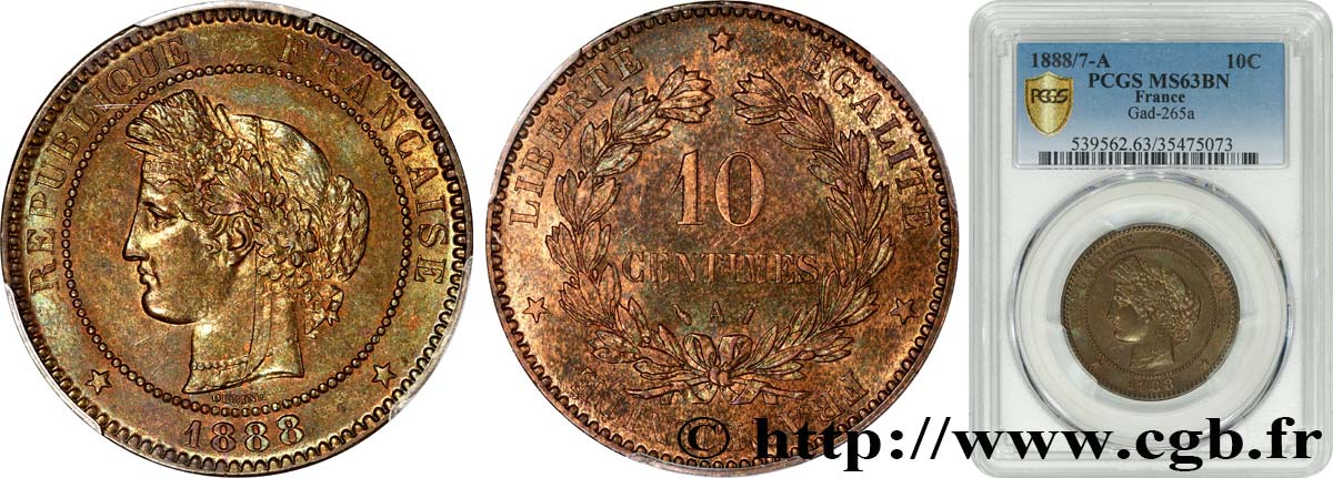 10 centimes Cérès, 1888/7 1888 Paris F.135/32 SC63 PCGS