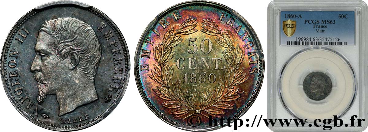 50 centimes Napoléon III, tête nue 1860 Paris F.187/13 SC63 PCGS