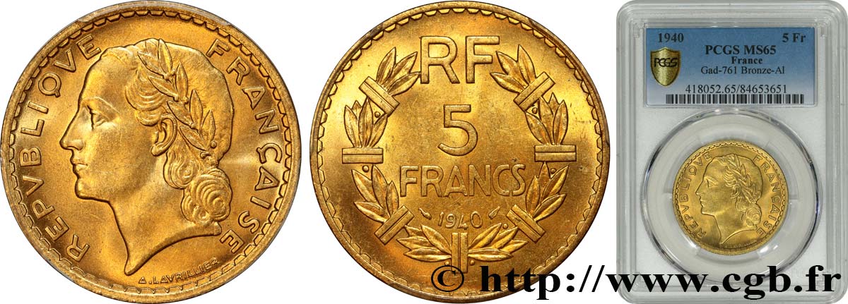 5 francs Lavrillier, bronze-aluminium 1940  F.337/4 MS65 PCGS