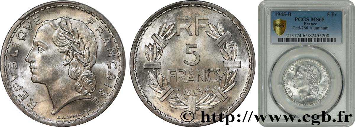 5 francs Lavrillier, aluminium 1945 Beaumont-Le-Roger F.339/4 MS65 PCGS