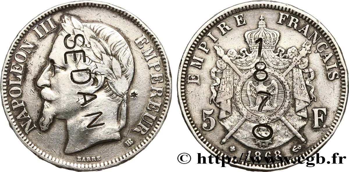 5 francs Napoléon III, tête laurée, contremarqué SEDAN au droit et 1870 au revers 1868 Strasbourg F.331/13 TB35 