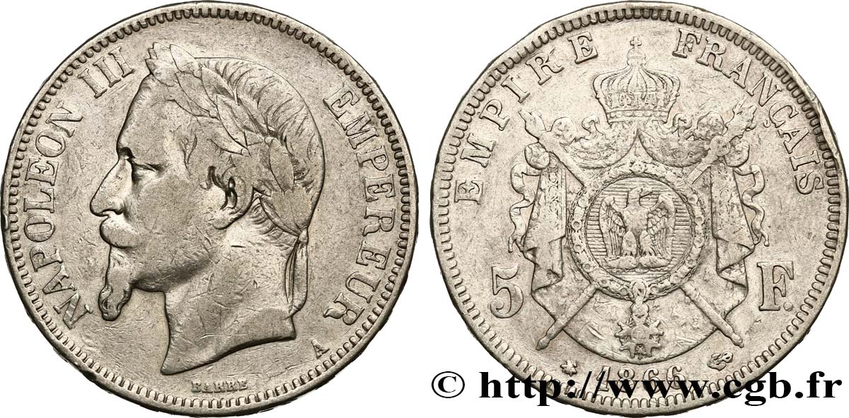 5 francs Napoléon III, tête laurée 1866 Paris F.331/9 S20 