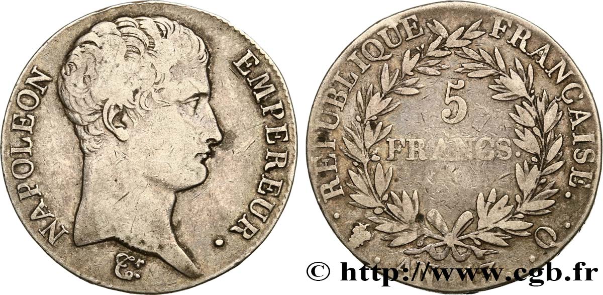 5 francs Napoléon Empereur, Calendrier révolutionnaire 1805 Perpignan F.303/15 TB25 