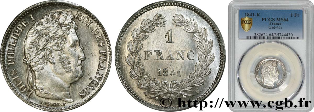 1 franc Louis-Philippe, couronne de chêne 1841 Bordeaux F.210/83 fST64 PCGS