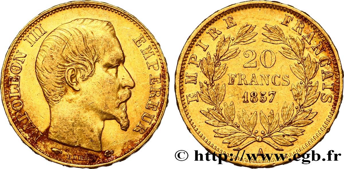20 francs or Napoléon III, tête nue 1857 Paris F.531/12 XF42 