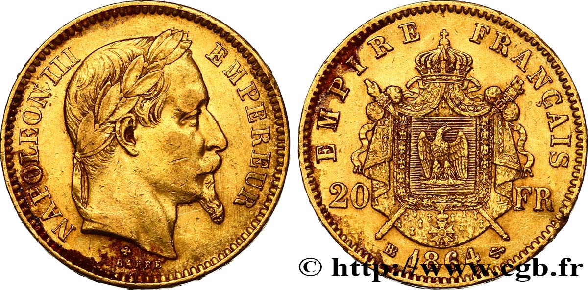 20 francs or Napoléon III, tête laurée 1864 Strasbourg F.532/9 SS 