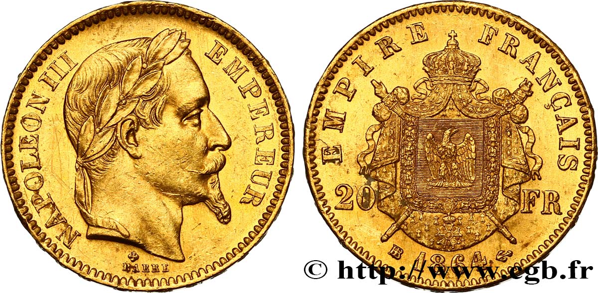 20 francs or Napoléon III, tête laurée 1864 Strasbourg F.532/9 q.SPL 