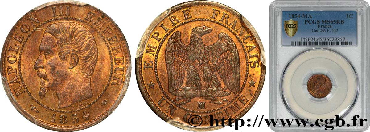 Un centime Napoléon III, tête nue 1854 Marseille F.102/14 MS65 PCGS