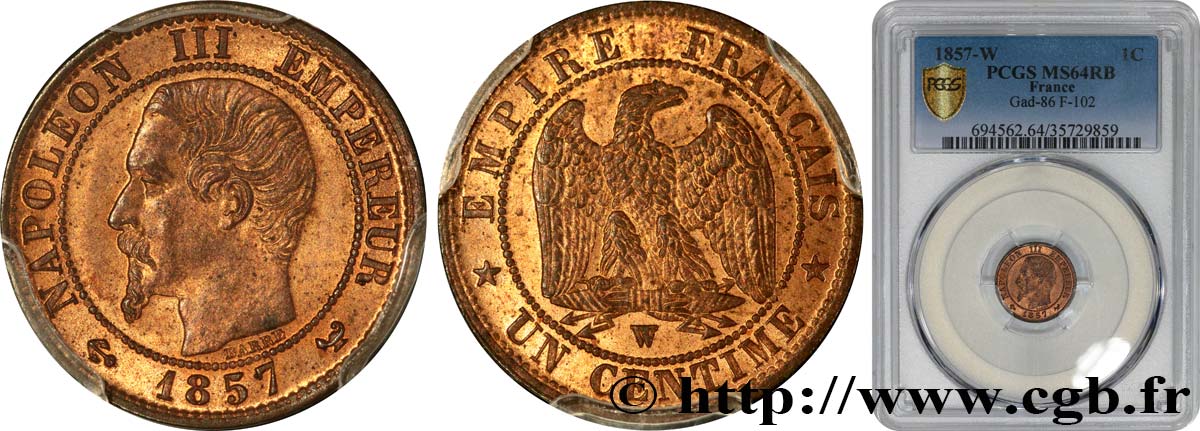 Un centime Napoléon III, tête nue 1857 Lille F.102/38 SC64 PCGS