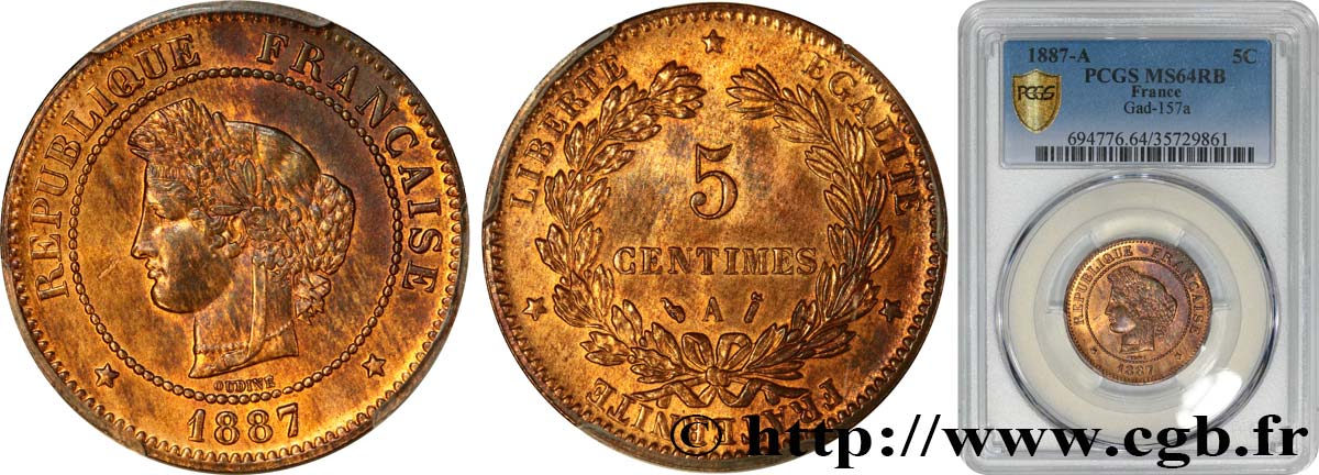 5 centimes Cérès 1887 Paris F.118/29 fST64 PCGS