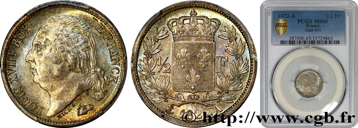 1/2 franc Louis XVIII 1822 Paris F.179/30 MS65 PCGS