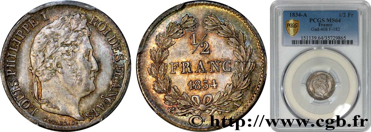 1/2 franc Louis-Philippe 1834 Paris F.182/40 MS64 PCGS