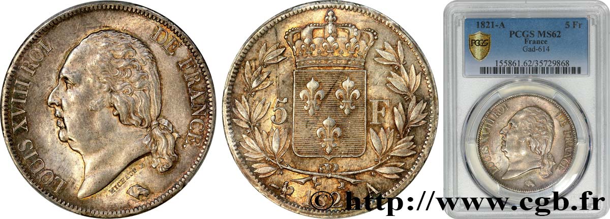 5 francs Louis XVIII, tête nue 1821 Paris F.309/60 EBC62 PCGS