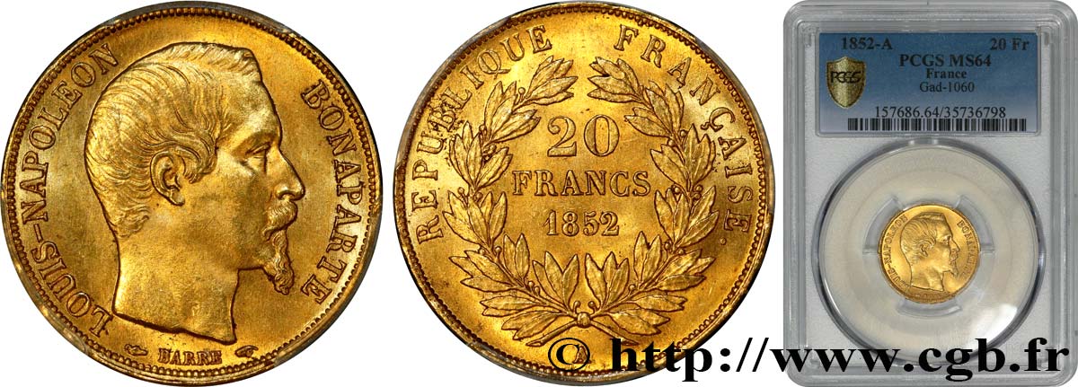 20 francs or Louis-Napoléon 1852 Paris F.530/1 MS64 PCGS