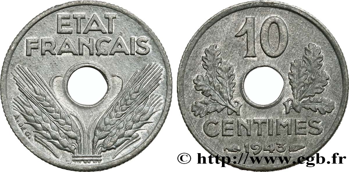 10 centimes État français, petit module 1943  F.142/2 SUP55 
