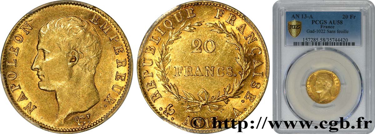 20 francs or Napoléon tête nue, Calendrier révolutionnaire 1805 Paris F.512/1 EBC58 PCGS