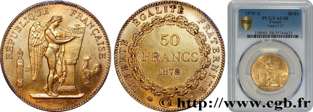 50 francs or Génie 1878 Paris F.549/1 AU58 PCGS