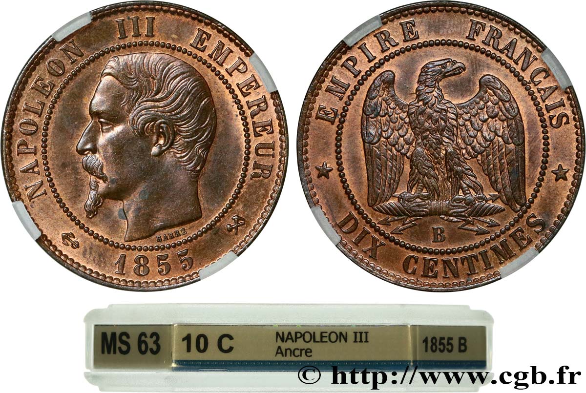 Dix centimes Napoléon III, tête nue 1855 Rouen F.133/22 MS63 GENI