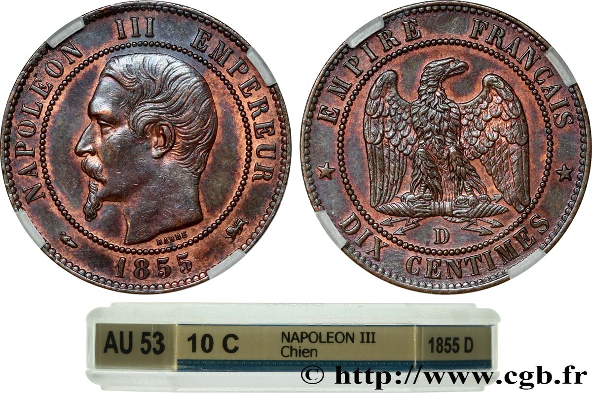 Dix centimes Napoléon III, tête nue 1855 Lyon F.133/25 SS53 GENI