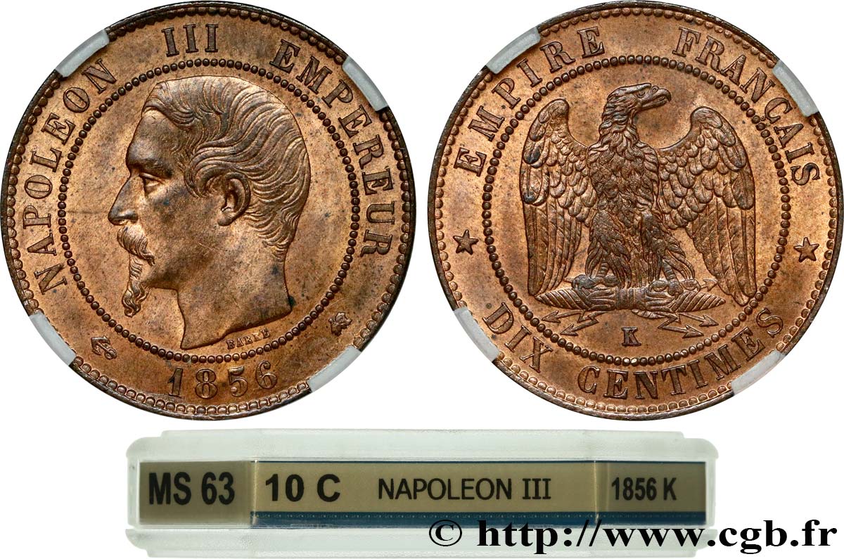 Dix centimes Napoléon III, tête nue 1856 Bordeaux F.133/38 MS63 GENI