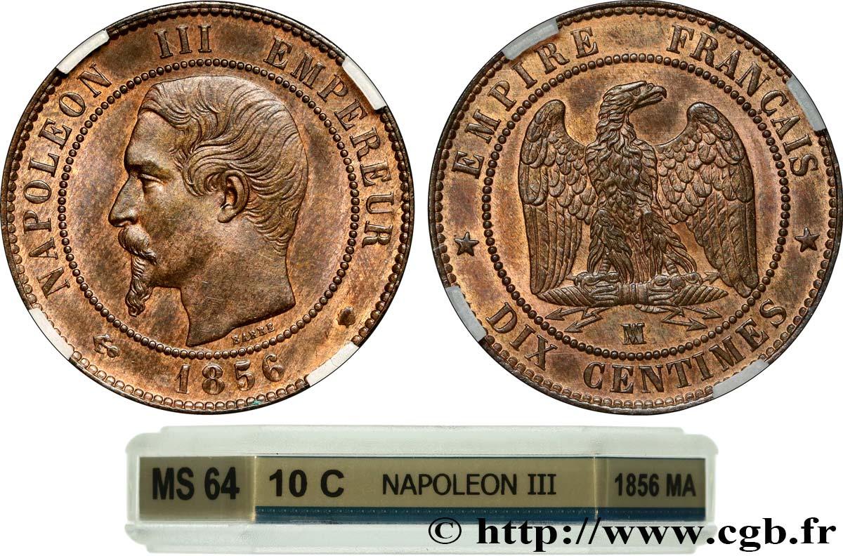 Dix centimes Napoléon III, tête nue 1856 Marseille F.133/39 fST64 GENI
