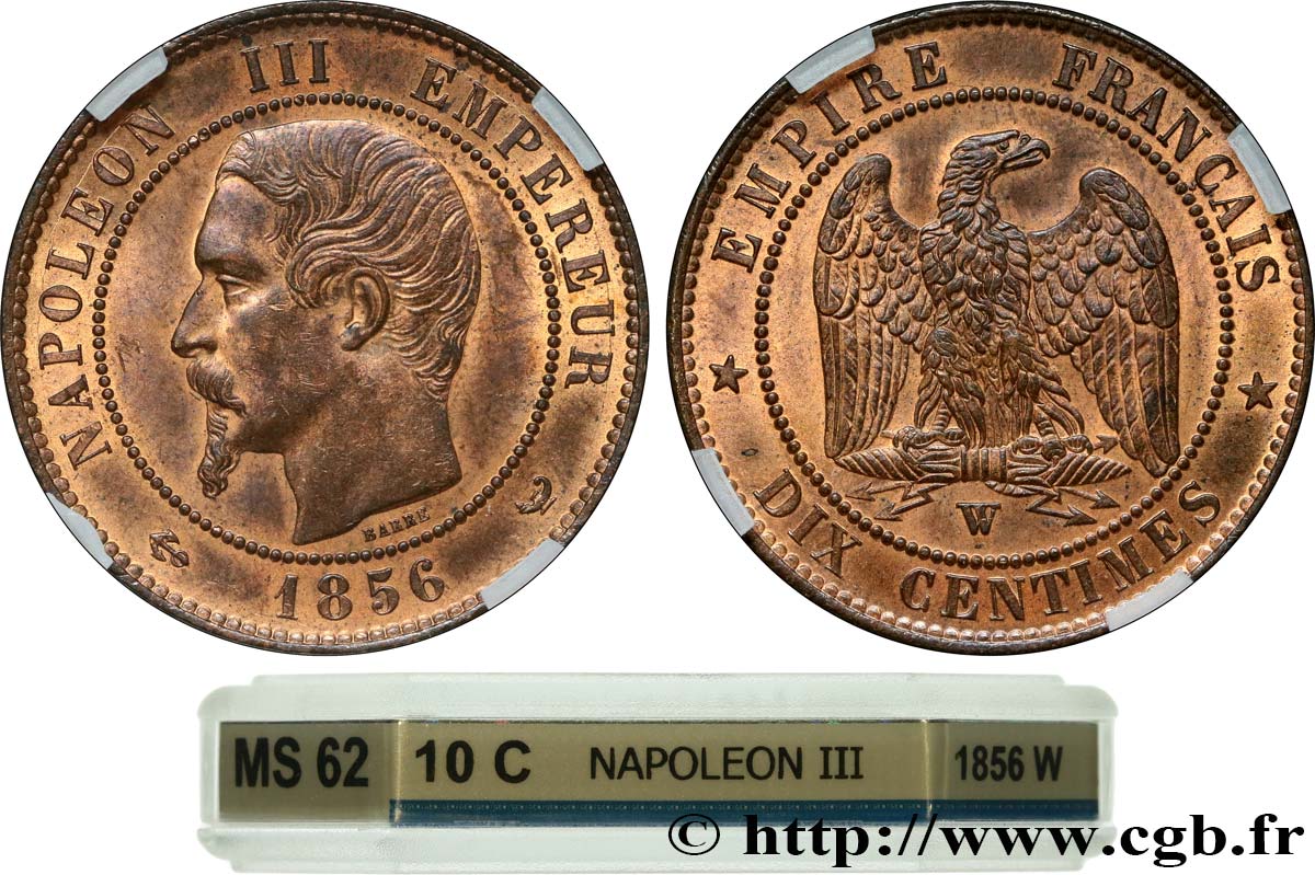 Dix centimes Napoléon III, tête nue 1856 Lille F.133/40 MS62 GENI